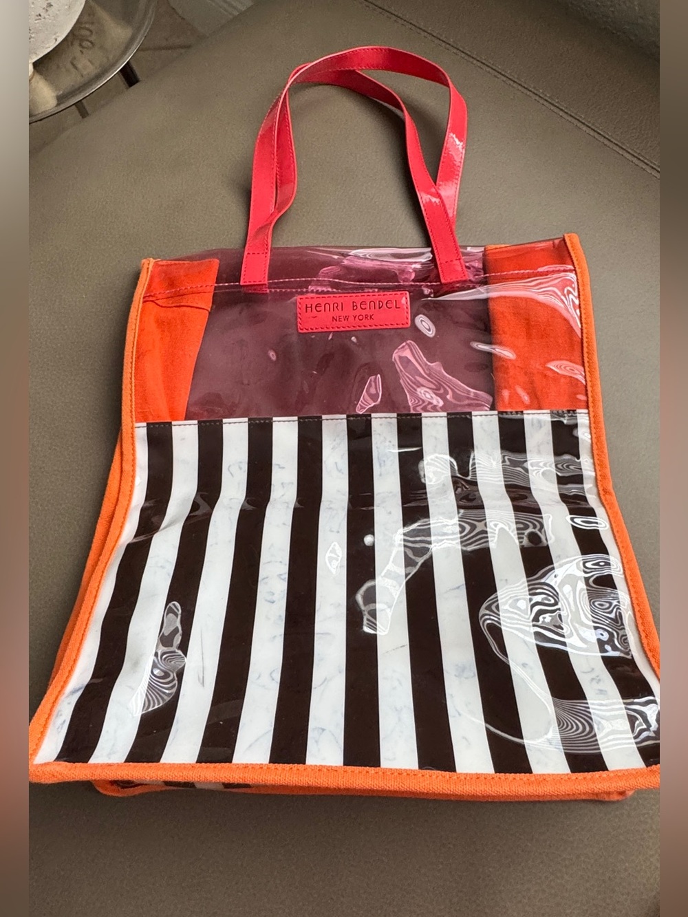henri bendel Clear Tote with Orange Trim and Black-White Stripes